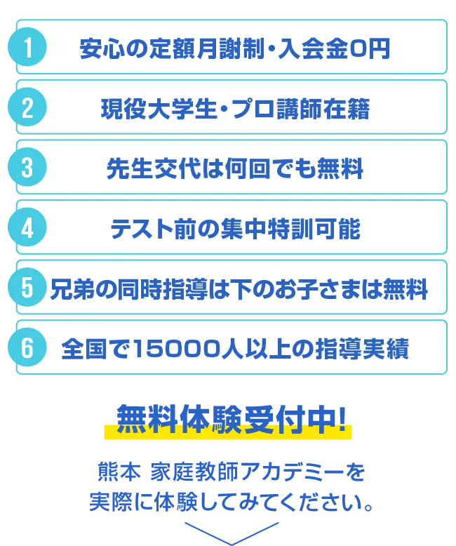 安心の定額月謝制、現役大学生・プロ講師在籍、先生交代は何回でも無料、テスト前の集中特訓可能、兄弟の同時指導は下のお子様は無料（0円）、入会金・登録費・保証金0円、満足度92%