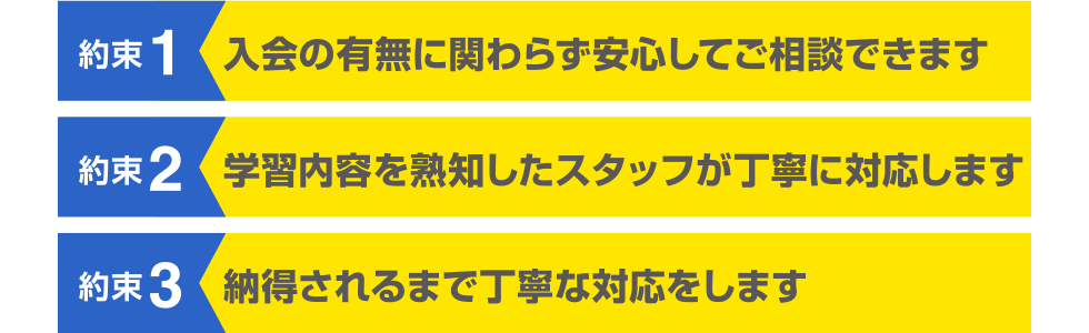 約束1 入会の有無に関わらず安心してご相談できます 約束2 学習内容を熟知したスタッフが丁寧に対応します 約束3 納得されるまで丁寧な対応をします 