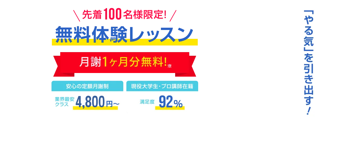 先着100名様限定 今なら月謝1ヶ月分無料! 安心の定額月謝制 業界最安クラス4,800円～　安心の定額月謝制　入会金・登録費・保証金0円　現役大学生・プロ講師在籍　満足度92%　先着100名様限定無料体験