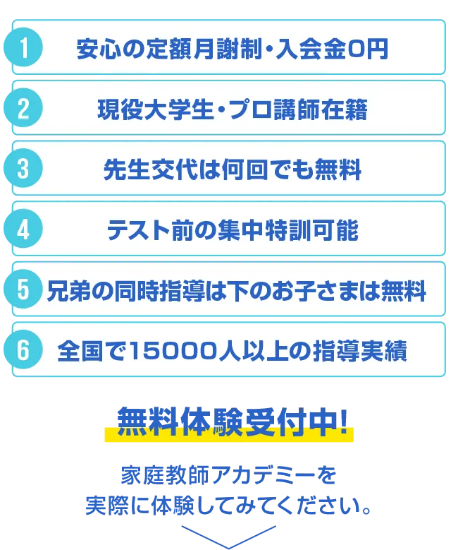 安心の定額月謝制、現役大学生・プロ講師在籍、先生交代は何回でも無料、テスト前の集中特訓可能、兄弟の同時指導は下のお子様は無料（0円）、入会金・登録費・保証金0円、満足度92%