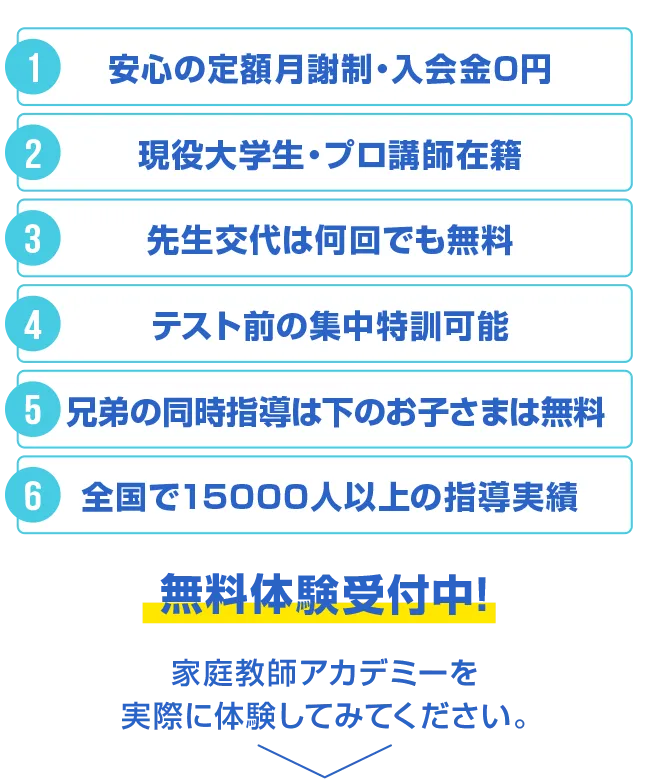 安心の定額月謝制、現役大学生・プロ講師在籍、先生交代は何回でも無料、テスト前の集中特訓可能、兄弟の同時指導は下のお子様は無料（0円）、入会金・登録費・保証金0円、満足度92%